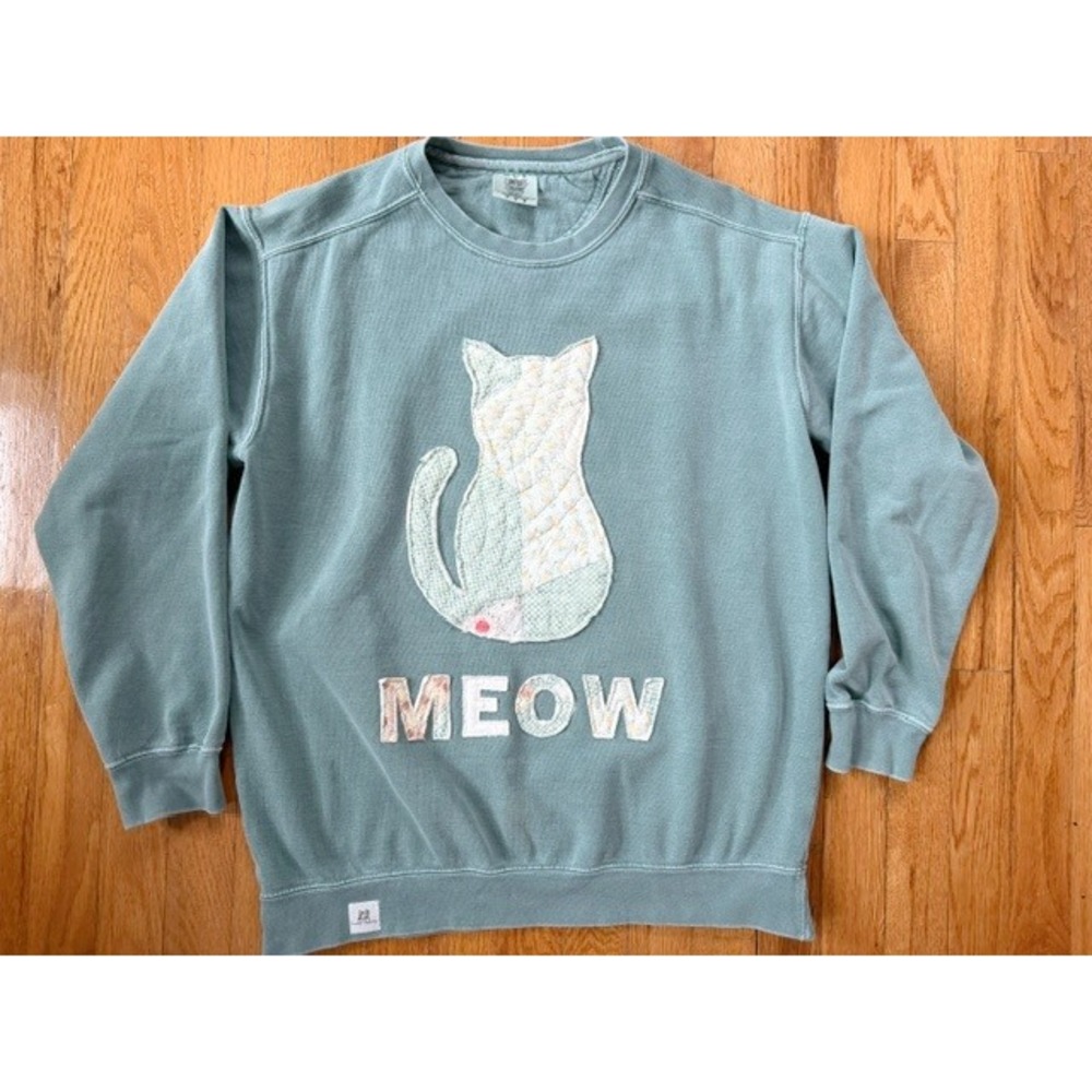 Handmade Vintage Quilt Cat sweatshirt MEOW